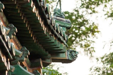 Süslü geleneksel Doğu Asya tapınağının çatı sazları yeşil karolar ve dekoratif ejderha oymalarıyla yukarıya doğru yumuşak bokeh ağaçları ve parlak gökyüzüne bakıyor..