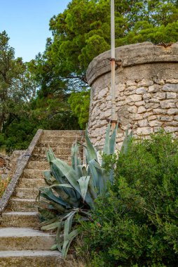 Taştan merdiven dairesel taştan kuleye çıkıyor. Mavi gökyüzünün altında agave bitkisi ve Akdeniz çam ağaçları var. Açık havada seyahat sahnesi..