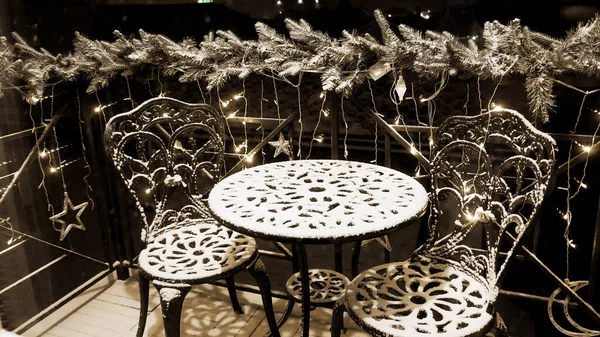 Snow Covered Vintage Table Chair Terrace New Year Lights — Stock Photo, Image