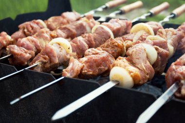 Salamura edilmiş şiş mangal ızgarasında mangal yapmaya hazırlanıyor. Şiş kebap ya da Şiş kebap Doğu Avrupa 'da popüler. Shashlyk (şiş et) aslında kuzudan yapılmıştır. Mangalda Biftek Kebabı..