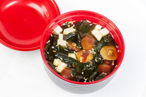 Paddestoel soep met aardappelen en rijst in een heldere rode kop — Stockfoto