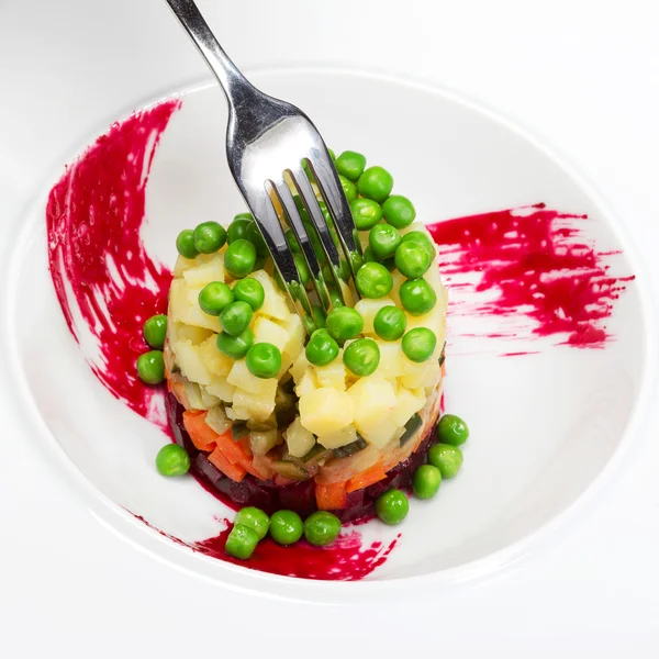 Preparation of salad of beets, potatoes, green peas and pickles, — Stock Photo, Image