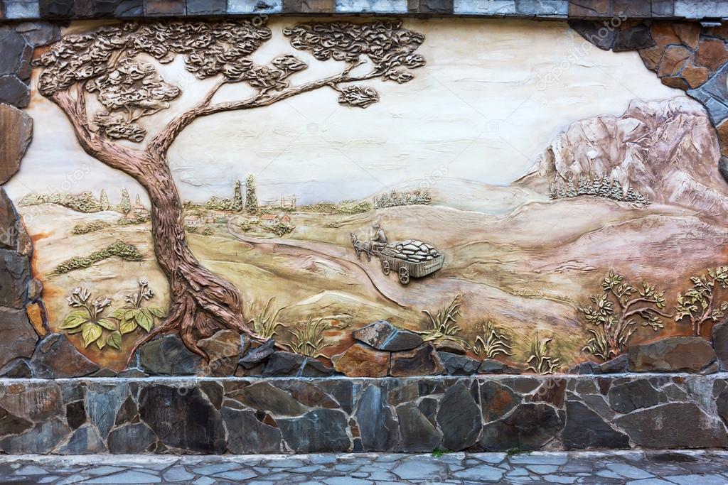Vintage old fresco decoration on the wall, rural landscape. Evpa