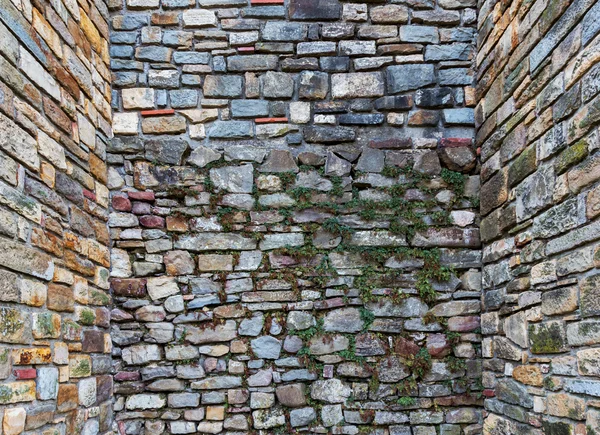 Fondo de la antigua pared kamennoyh perspectiva cubierta de verde — Foto de Stock