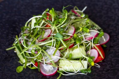 Siyah bir plaka üzerinde lahanası ve bezelye karabiber ile otantik taze sebze salatası. Sabah atmosferik aydınlatma, moda trendy spot yumuşak odak. Tasarım yaratıcı menüsü için hazırlık.