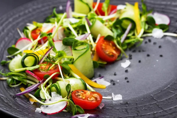 Authentic fresh vegetable salad with sprouts and peas black pepp — Stock Photo, Image