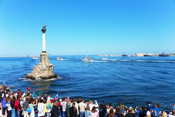 SEVASTOPOL, CRIMEA - MAY 9, 2015: Parade on the waterfront in honor of the 70th anniversary of Victory Day on 9 May 2015, Sevastopol