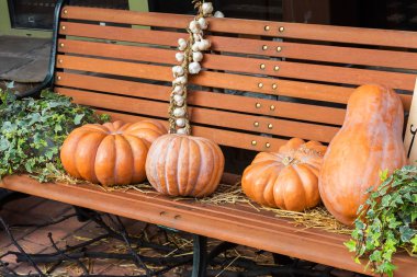 Kabak ve tatil Cadılar bayramında eski ahşap Bank için sarımsak