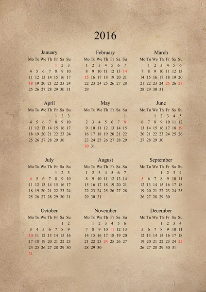 Calendário 2016 no estilo retro, fundo vintage — Fotografia de Stock