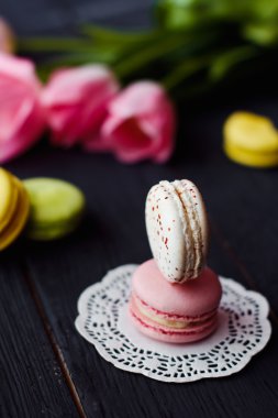 Renkli macaroons ile güzel bir pembe laleler