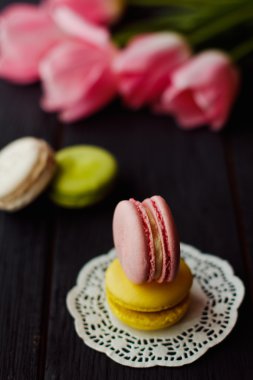 Renkli macaroons ile güzel bir pembe laleler