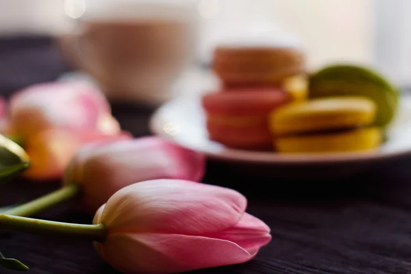 Krásné růžové tulipány s barevnými makaróny — Stock fotografie