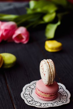 Renkli macaroons ile güzel bir pembe laleler
