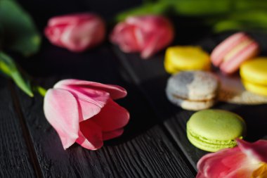 Renkli macaroons ile güzel bir pembe laleler