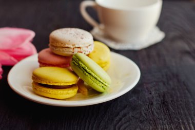 Renkli macaroons ile güzel bir pembe laleler