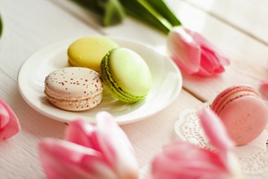 Renkli macaroons ile güzel bir pembe laleler