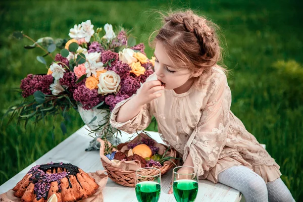 Bambina mangia torta al cioccolato in natura a un picnic — Foto Stock