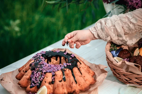 Babymeisje eet chocolade cake in de natuur op een picknick — Stockfoto