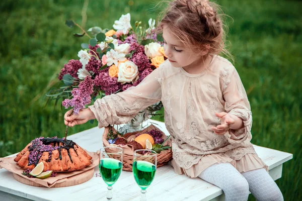 Bambina mangia torta al cioccolato in natura a un picnic — Foto Stock