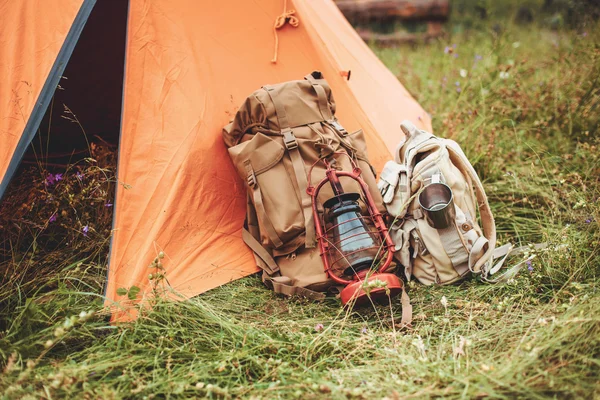 The tent and two backpacks near a tourist track in mountains on green grass — Stock Photo, Image
