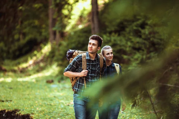 Um casal caminhantes Caminhadas com mochilas — Fotografia de Stock