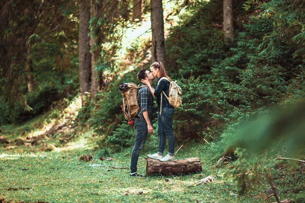 Een paar wandelaars wandelen met rugzakken — Stockfoto