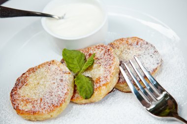 nane yaprağı ve beyaz tabakta soslu Cheesecake dilim süslenmiş