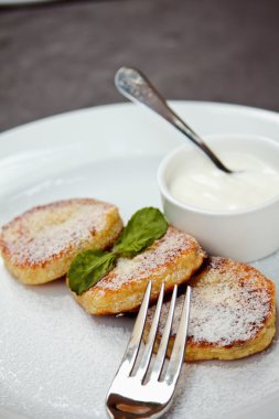 nane yaprağı ve beyaz tabakta soslu Cheesecake dilim süslenmiş