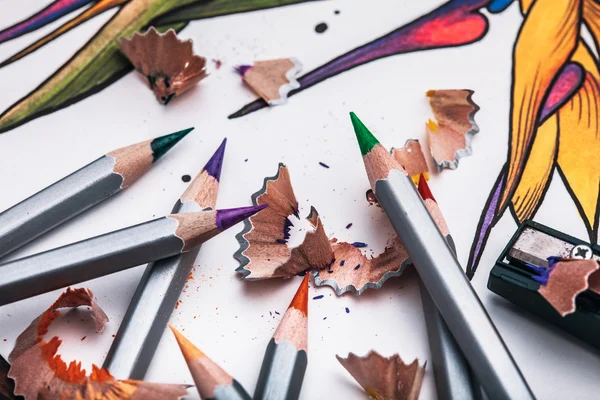 Bello schizzo disegno fiori con matite colorate sdraiato su vecchio sfondo di legno — Foto Stock