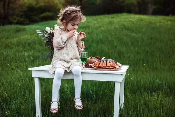 La bambina mangia la torta al cioccolato in natura a un picnic. Il concetto di un'infanzia felice — Foto Stock