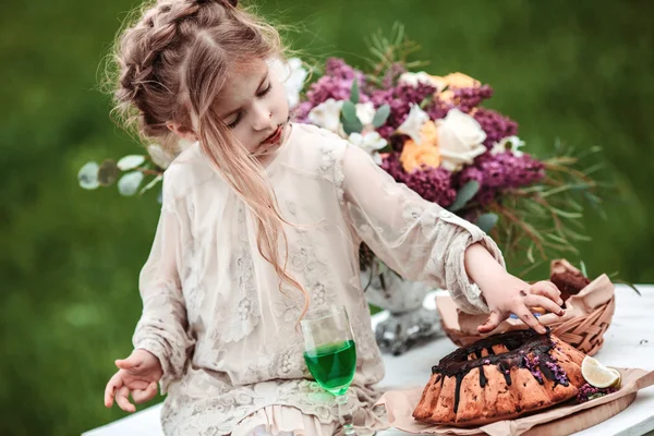Bambina mangia torta al cioccolato in natura a un picnic . — Foto Stock
