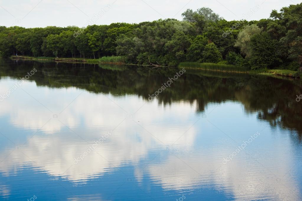 Beautiful Forest lake under blue cloudy sky