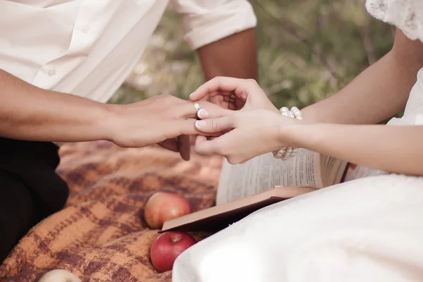 Feliz boda pareja teniendo romántico picnic —  Fotos de Stock