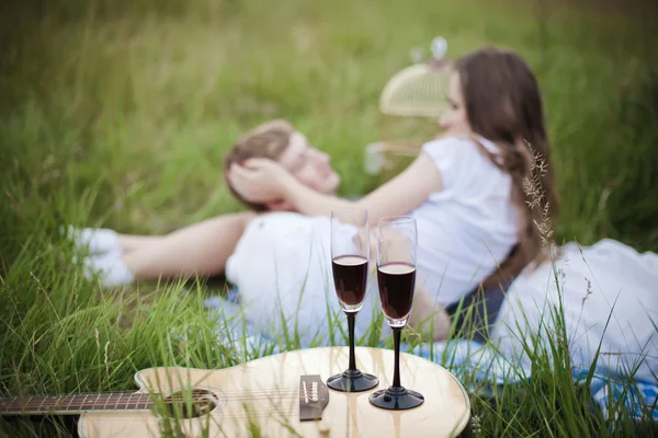 Feliz boda pareja teniendo romántico picnic —  Fotos de Stock