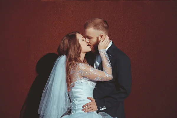 Braut und Bräutigam küssen sich bei Hochzeit — Stockfoto