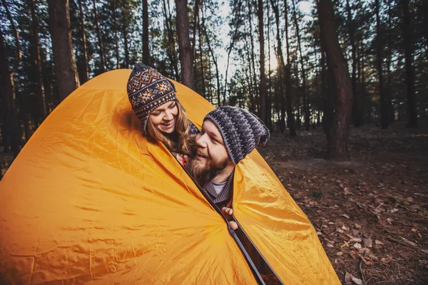 Hikers setting a tent in the wood — Stock Photo, Image