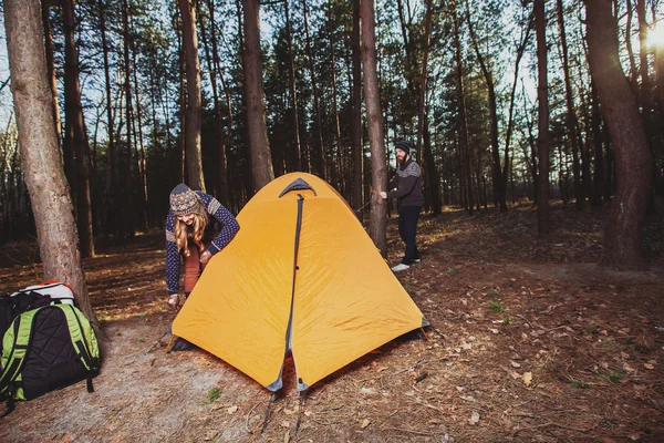 Um par de caminhantes a montar uma tenda na floresta — Fotografia de Stock
