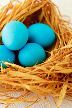 yuvaya Beyaz ahşap zemin üzerinde mavi ve pembe Paskalya yumurtaları