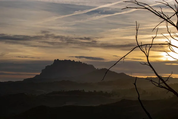 Beau Paysage Montrant Montagne Montserrat Sous Ciel Nuageux Quelques Branches — Photo