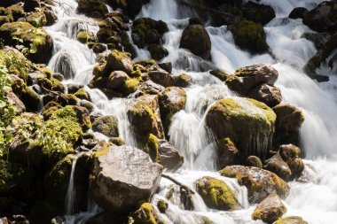 Manzara, Katalonya 'da Uelhs deth Joeu adlı büyük bir şelalede akan kayaları ve suyu gösteriyor.