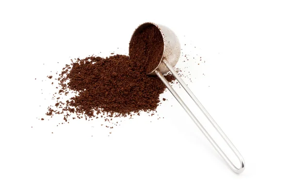 A pile of ground coffee and a spoon
