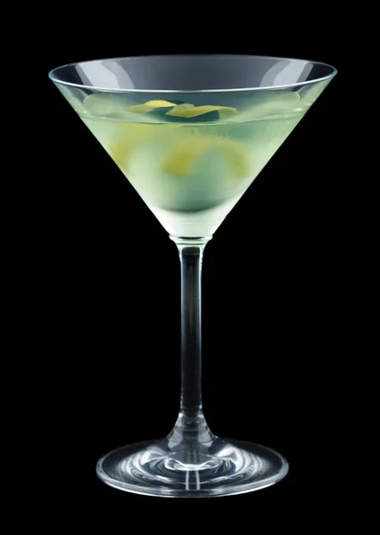 Bijou cocktail with lemon twist isolated on black background — Stock Photo, Image