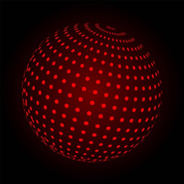 Kırmızı küreyle soyut arkaplan. Vektör çizimi. Noktalı teknoloji şekli. Fütürist bir kavram. Bakış açısı. Geometrik şekil. 3 boyutlu küre simgesi. İllüzyon formu. Soyut 3d küre