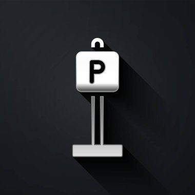 Gümüş Park simgesi siyah arkaplanda izole edildi. Sokak tabelası. Uzun gölge tarzı. Vektör.