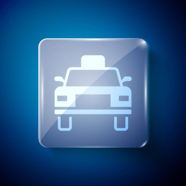 Mavi arka planda beyaz taksi ikonu izole edildi. Kare cam paneller. Vektör.