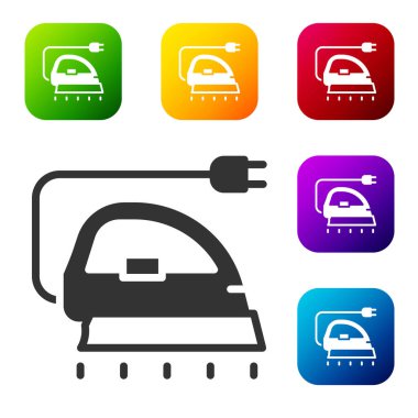 Siyah elektrikli demir ikonu beyaz arkaplanda izole edilmiş. Buhar ütüsü. Renkli kare düğmelerle simgeleri ayarla. Vektör.