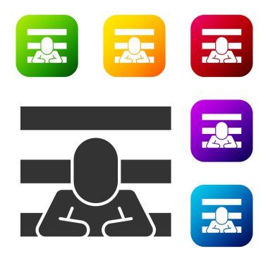 Siyah Mahkûm simgesi beyaz arkaplanda izole edildi. Renkli kare düğmelerle simgeleri ayarla. Vektör.