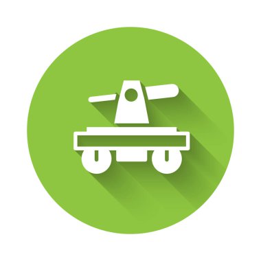 Beyaz Draisine el arabası, uzun gölgeli bisiklet taşıma ikonu. Yeşil daire düğmesi. Vektör.