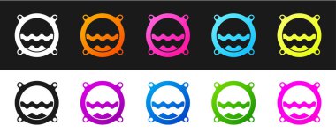 Siyah beyaz arka planda perçin ve deniz manzaralı gemi penceresi ayarlayın. Vektör.