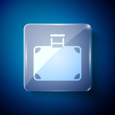 Seyahat simgesi için beyaz bavul mavi arkaplanda izole edildi. Seyahat bagaj tabelası. Seyahat bagaj ikonu. Kare cam paneller. Vektör.